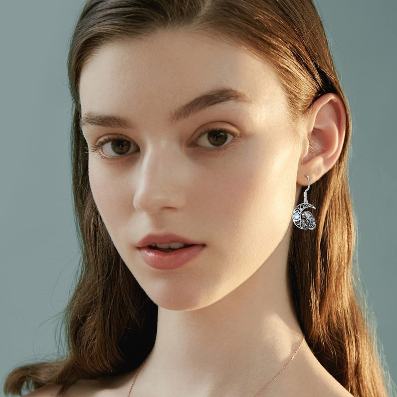 ROMANTICWORK Wolf Earrings 925 Sterling Silver Moonstone Wolf Dangle Earrings