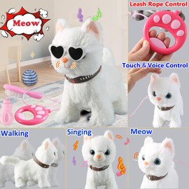 Marsjoy White Leash Walking Cat Set Singing That Purrs and Meows Animated Plush Robot Kitten Pet Moving Plush Realistic Stuffed Animal Remote Control Cute Kawai Robotic Kitty Toy for Kid