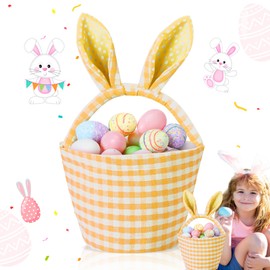 DoubleFill 1 Piece Easter Bunny Basket Bags with Cute Rabbit Ears Plaid Bucket Storage Gifts for Easter Egg Hunts Decorations Candy Gifts Storage (Yellow)