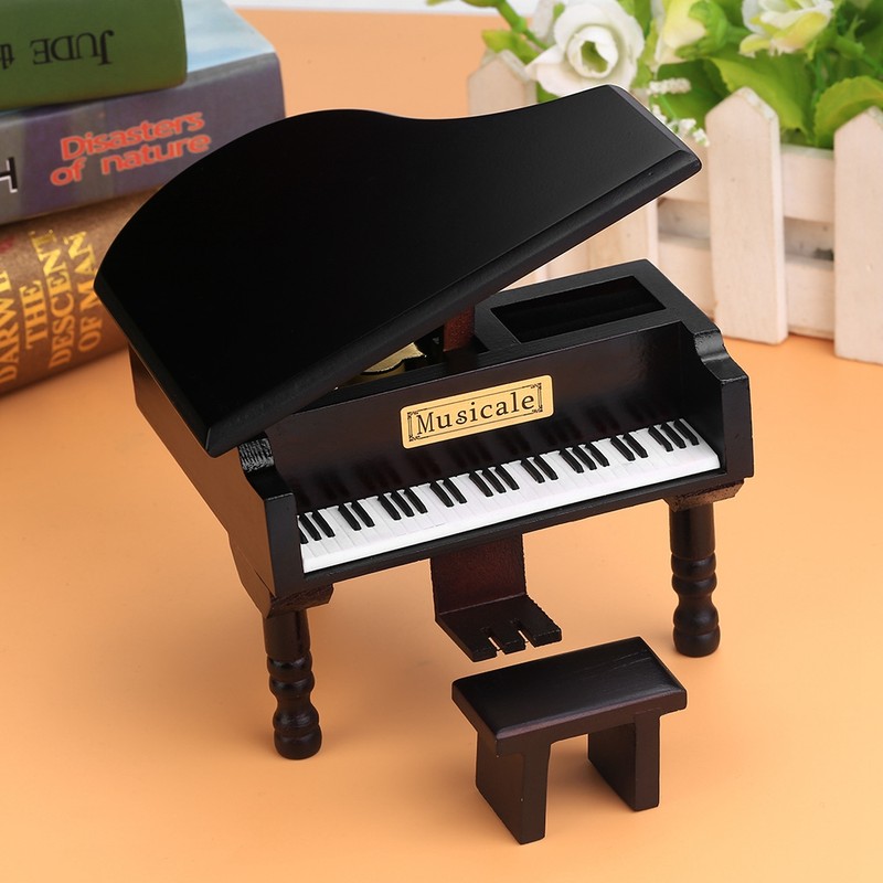 Grand Piano Shaped Windup Wooded Music Box with Small Stool