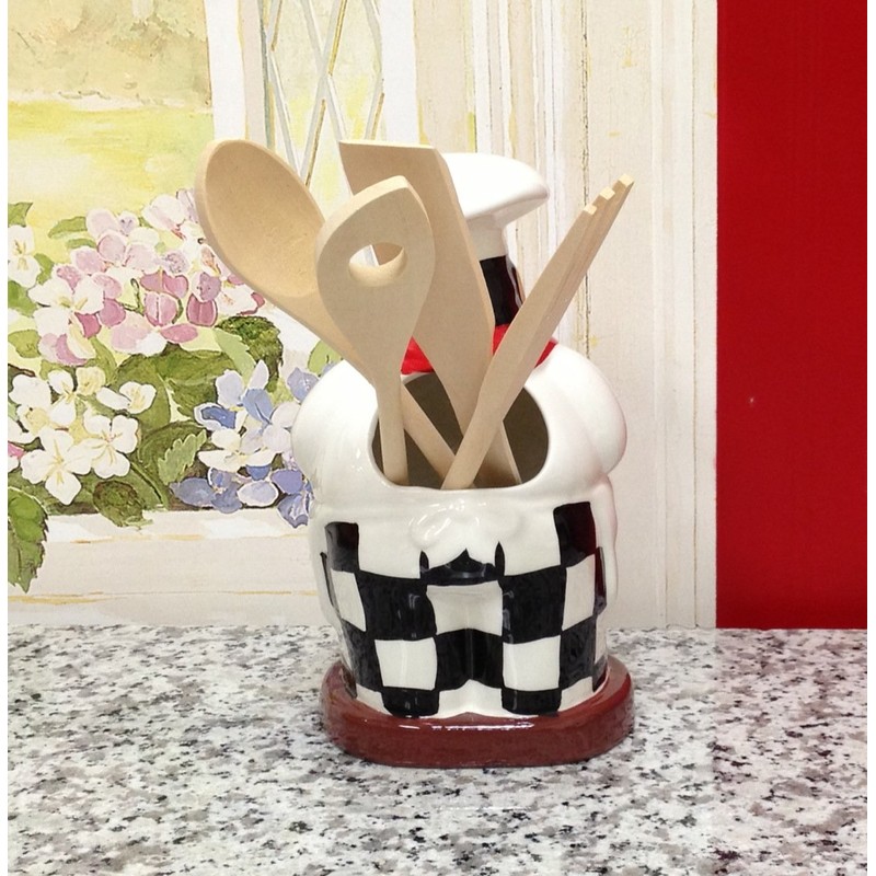 ACK Fat Chef Hand Painted Ceramic Utensil Jar, Utensil Holder,