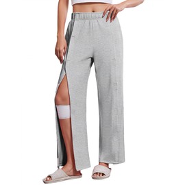 Deyeek Post Surgery Pants for Women Snap On Tear Away Pants After Knee Hip Surgery Adaptive Open Leg Surgical Sweatpants Grey