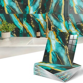 10-Sheet Peel and Stick Kitchen Backsplash Tiles,Waterproof Self Adhesive Marble Tile for Wall,PVC Wall Panels Shower Tiles for Bathroom and Kitchen Wall Decor-Not Real Tile(Dark Green,12"x12")