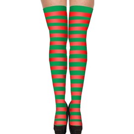 COSHAL ® 1 Women's Christmas Over the Knee Striped Socks Red White Green Striped Fancy Dress Socks Ladies Miss Santa Costume Xmas Novelty Christmas Cosplay Red-Green OTK
