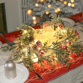 6 FT Christmas Garland with Lights - Pre-Lit Artificial Christmas Garland, Flocked Garland with Red Berries Pine Cones for Decoration, Mantle Stairs Railing Home Xmas Decoration Indoor