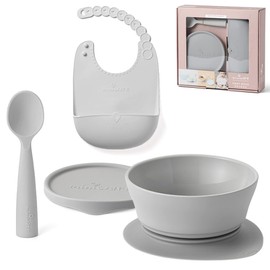 Miniware First Bites Deluxe Set: Cereal Bowl, Detachable Suction Foot, Training Spoon, Silicone Bib for Baby Toddler Kids | Promotes Self Feeding | BPA Free | Dishwasher Safe (Dove Grey)
