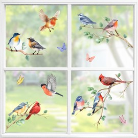 Yovkky Spring Summer Birds Window Clings 4 Sheets, Cardinal Bluebird Robin Bullfinch Butterfly Stickers Decals Decor, Seasonal Branches Leaves Home Kitchen Decorations