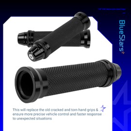 BlueStars CNC Aluminum Rubber Motorcycle Hand Grips 7/8" Handlebars - Compatible with Sport Bikes Choppers Scooters Motorcycles - Nonslip Comfortable Durable
