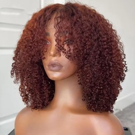 oulaer Reddish Brown Human Hair Wig Copper Red Afro Kinky Curly Wig With Bangs Brazilian Remy Hair 13X4 HD Invisible Lace Front Wig Human Hair Pre Plucked For Women Glueless Wig 150% Density 16Inch