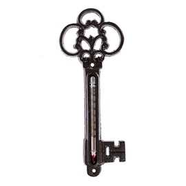 HOMESCAPES Brown Cast Iron Garden Thermometer Wall Mounted Ornate Key Shaped Temperature Gauge