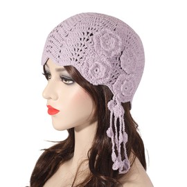 ZLYC Women Cotton Crochet Skull Cap Handmade Knit Cutout Floral Beanie Hat (Floral Lavender)