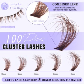 Wispy Brown Lash Clusters with Bottom Lashes Cluster Eyelash Extensions 10-18mm D Curl Individual Lashes with Bottom Lashes Clusters 121pcs Lash Extension 40D Fluffy Brown Eyelash Clusters