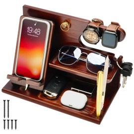 Belle Vous Dark Brown Wooden Docking Station - Bedside Organiser - For Phone, Purses, Watches, Gadget & Keys Storage - Gifts for Men - Accessories for Husband/Father