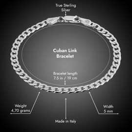 QUADRI - Certified Made in Italy - 925 Sterling Silver 5mm Diamond-Cut Cuban Link Curb Chain Bracelet 7.5 Inchs for Men and Women
