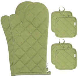 Win Change Oven Mitts and Pot Holders Sets,6 Pcs Oven Mitts and Potholders with Recycled Cotton High Heat Resistant Extra Thick Long Oven Mitts for Cooking(Green)