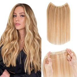 Hairro Wire Hair Extensions Human Hair, Fish Line Invisible Adjustable & Clips in Extensions Straight, 100% Real Hairpieces Seamless Blending for Women, 20 Inch 100g Golden Brown Mix Bleach Blonde