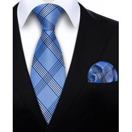 HISDERN Men's Ties with Pocket Square Set - Navy & Light Blue Striped Plaid Necktie for Men - Wedding Formal Business Silk Tie