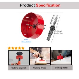 SagaSave 155mm HSS Bi-Metal Hole Saw with Corn Hole Drilling Cutter, Hole Cutter for Stainless Steel,Metal,Wood,Plastic,Drywall,Fiberboard, 6.10inch 1PCS