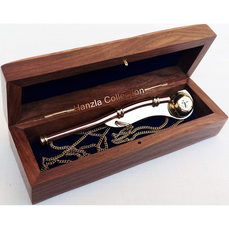 Bosun Brass Copper Marine Call Whistle with Wooden Box A