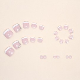 White French Tip Press on Toenails Square Fake Toe Nails Nude Pink False Toe Nails with Designs Rhinestones Glue on Nails Summer Full Cover Glossy Acrylic Toe Nails for Women Girls Daily Wear 24Pcs