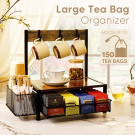 DGWJSU Tea Bag Organizer, Wood Tea Organizer and Storage Cheast, Tea Bag Holder with Storage Drawer, 4 Hooks for Tea Cups Holder, Tea Station Chest Display Container Box for Countertop Kitchen, Brown