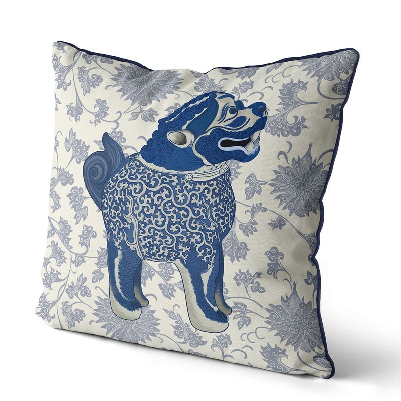 Kelly Stevens-McLaughlan, Happy Blue Foo Dog Chinoiserie on Cream Cushion