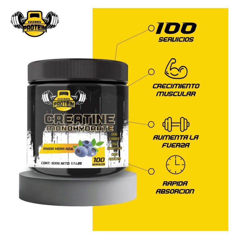 Creatina Monohidratada 500g Guns En Polvo Varios Sabores Mora Azul