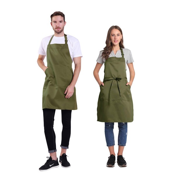 BIGHAS Simple Apron, Adjustable Neck, Easy to Move, Wrinkle Resistant, Large Size, Cafe Style, Non-See-through, Commercial Use, Work, Home, Unisex, 20 Colors (Bronze Green)