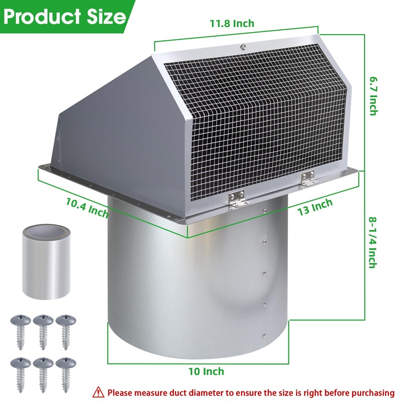 10 Inch Hooded Wall Vent Exhaust with Screen and Damper,Outdoor