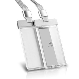 Phomo - Portatarjetas de identificación de aluminio con clip de metal y cordón para insignia, resistente soporte vertical transparente para tarjetas de identificación de acrílico duro (Sostiene 1 a 3