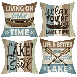 Fjfz Life is Better at The Lake Decorative Throw Pillow Covers 20 x 20 Set of 4, Boat Paddle Lakehouse Porch Outdoor Home Decor, Spring Summer Stripes Farmhouse Rustic Couch Cushion Case