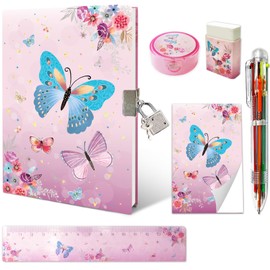Girls' Diary with Lock, Diary Children's Butterfly Hardcover Journal GINMLYDA Notebook Set, Includes 17.8 x 13 cm Notebook Multicoloured Pen Ruler Sharpener Eraser for Children Gift