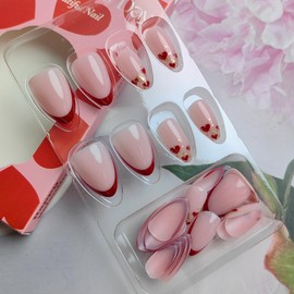 24Pcs Valentine’s Day French Tip Press on Nails Short Almond Fake Nails Glitter French Line Design Acrylic Nails Red Heart Glue on Nails Glossy Valentines Stick on Nails for Women Girl French Manicure