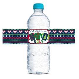 Ugly Sweater Christmas Holiday Party Waterproof Water Bottle Sticker Wrappers, 20 1.75" x 8.5" Wrap Around Labels by AmandaCreation