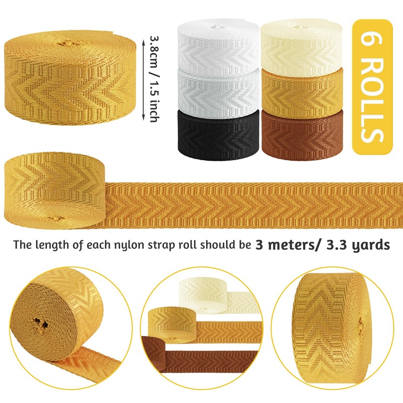 6 Rolls 1.5 inch Braid Nylon Webbing Belt Webbing Straps