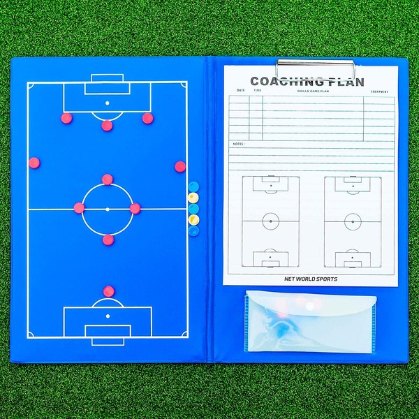FORZA Magnetic Football Tactics Clipboard Folder - A4 Notepad | 27x Magnetic Markers | Full Football Pitch Layout - Waterproof Blue Coaching Folder | Built In Plastic Pouch