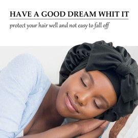 Capó de satén de seda para dormir, gorros grandes con banda de corbata, envoltura de pelo con correas ajustables, gorro de dormir nocturno para mujer, cabello trenzado rizado (negro, negro)