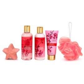 Freida & Joe Fragrance Bath & Body Collection Gift Box, Includes Shower Gel, Body Lotion, Body Scrub, Bath Bomb & Sponge (Cherry Blossom)
