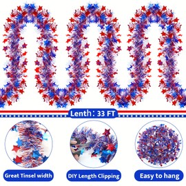33FT 4th of July Tinsel Garland Red White and Blue Garland Patriotic Garland or 4th of July Independence Day Memorial Day Celebration Holiday Red White and Blue Decorations 4th of July Decor