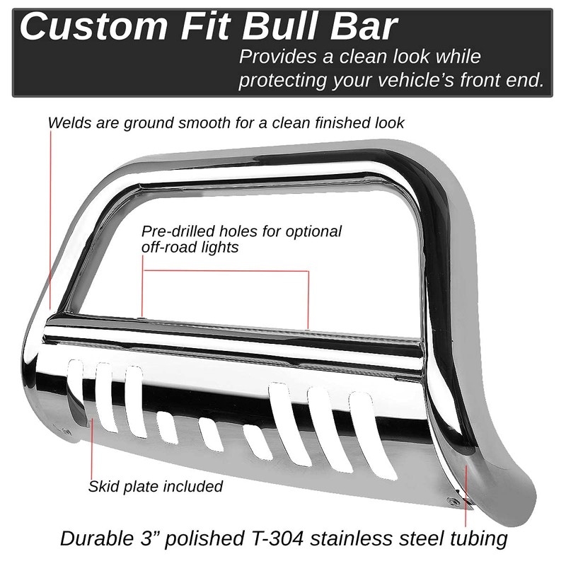 Auto Dynasty 3 inches Chrome Bumper Push Bull Bar+Removable Skid