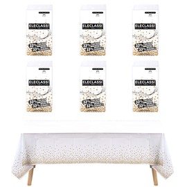 Gold Confetti 6 Pack Premium Disposable Plastic Tablecloth 54 x 108 Inch - Gold Dot Plastic Table Cloths for Parties Disposable Tablecloth for Rectangle Tables - Rectangle Tablecloth - White and Gold