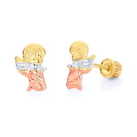 14k REAL Tri Color Gold Guardian Angel Stud Earrings with Screw Back