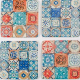 Ceramic Set of 4 Multi Floral Cork Backed Drink Coasters Table Decor Mats