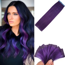 Purple Tape in Hair Extensions Human Hair Seamless 16 Inch Silky Straight Colored Hair Extensions Tape in for Girls