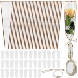 Flower Packaging Kit, 100 Flower Wrapping Bag Single Rose Sleeve 100 Floral Water Tubes 72ft Ribbon Single Flower Packaging Bags for Wedding Party Florist Birthday Bouquet Flower Wrapping (White)