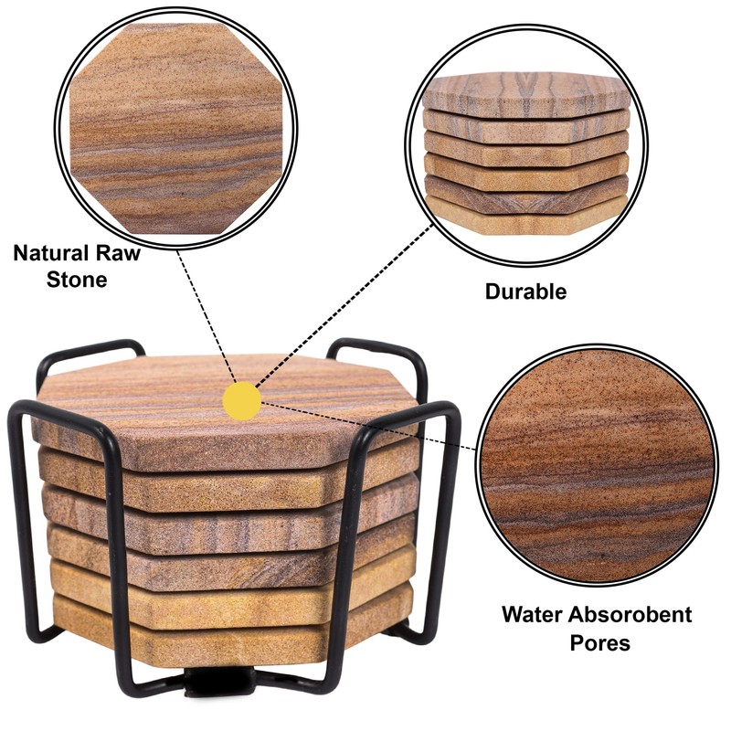Marbco Sandstone Water Absorbent Hand Crafted Octagon Coasters for Drinks-