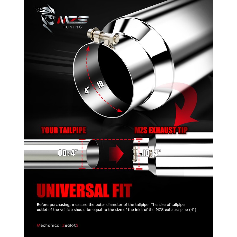 MZS Exhaust Tips, Stainless Steel 4" Inlet 6" Outlet 15"