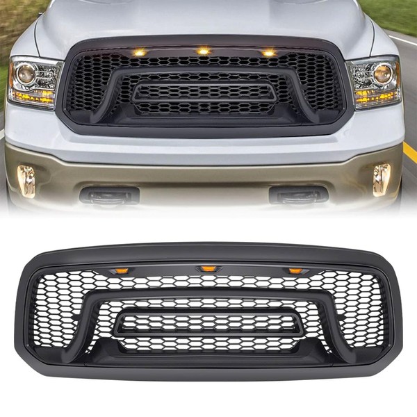 AMERICAN MODIFIED Front Grille Compatible with 2013-2018 Dodge Ram 1500, Replacement Grill w/Amber Lights, Matte Black