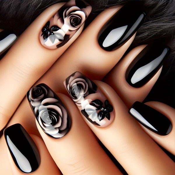 24Pcs Rose Flower Press on Nails Medium Square Full Cover