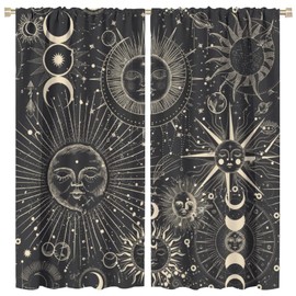 Sun Moon Blackout Curtain Panels Long Window Drapes for Bedroom Living Room Thermal Insulated Window Curtains with Star Planet Pattern 42"X 63"